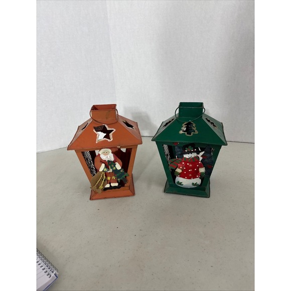 Other - Set of 2 Vintage Christmas Metal Lanterns Santa‎ Snowman Holiday Decor